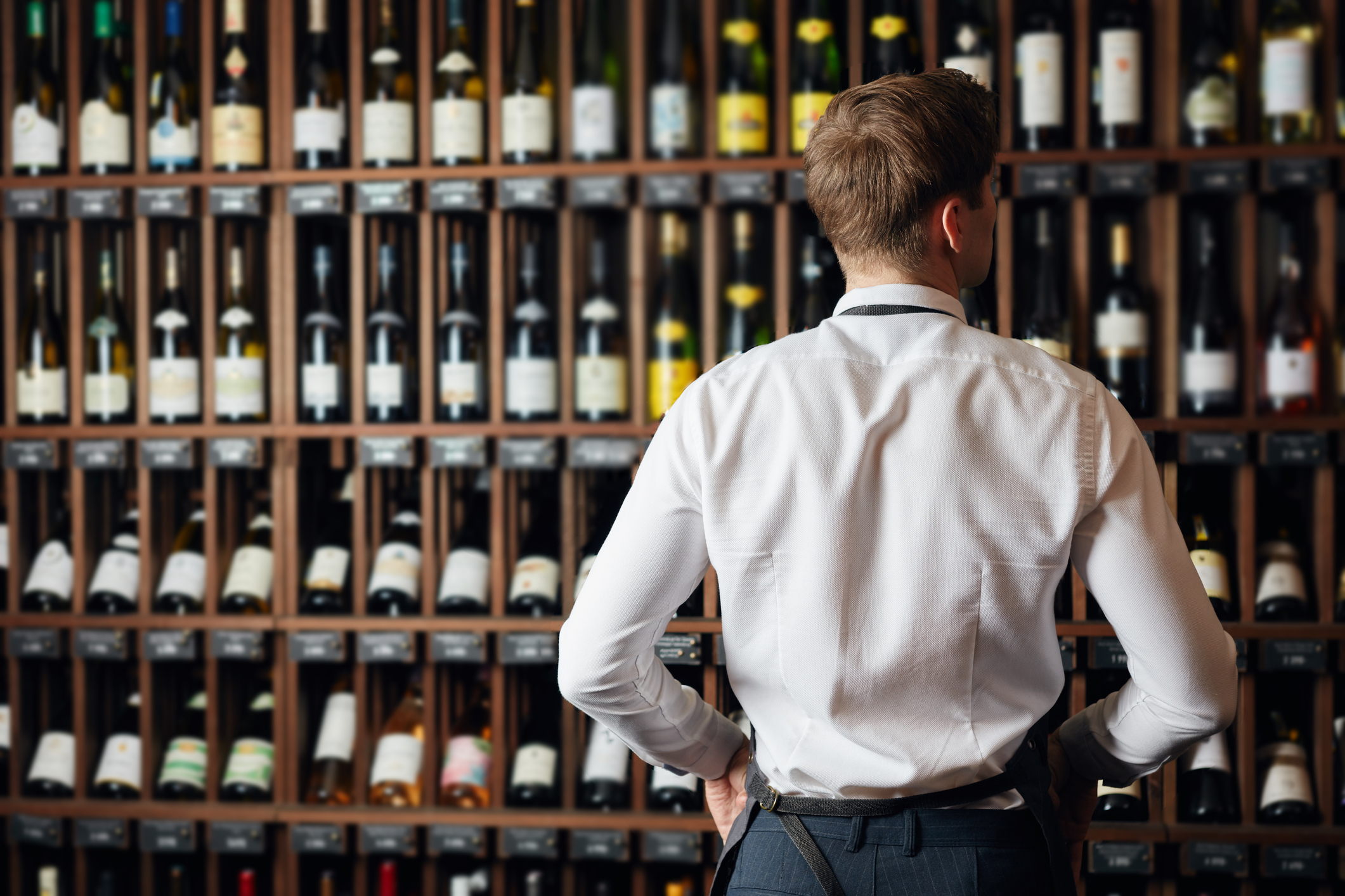 Sommelier di spalle davanti a scaffali di bottiglie di vino